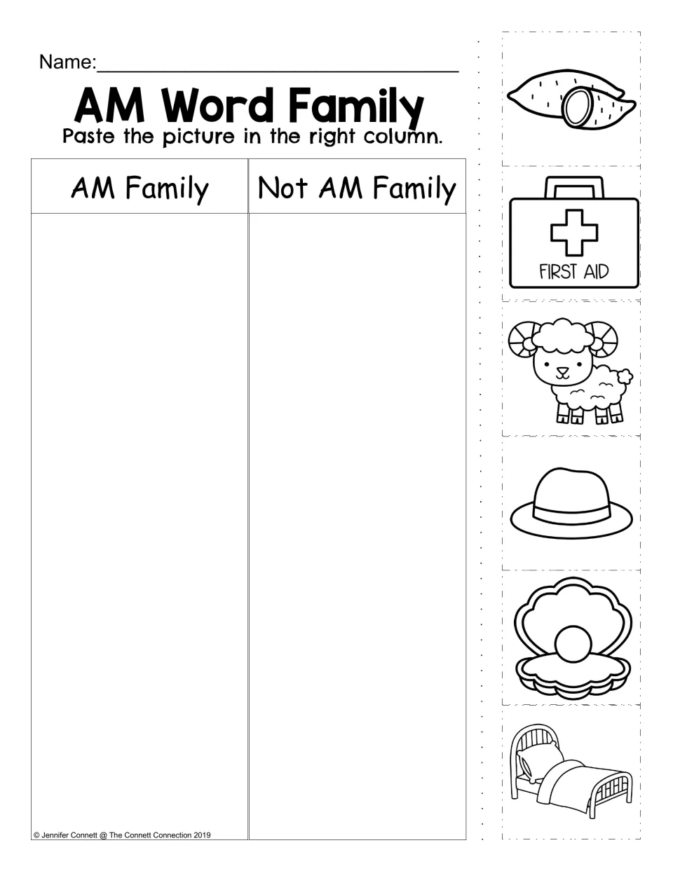 AM picture sort: students paste yam, first aid kit, ram, hat, clam and bed pictures under AM Family or Not AM Family