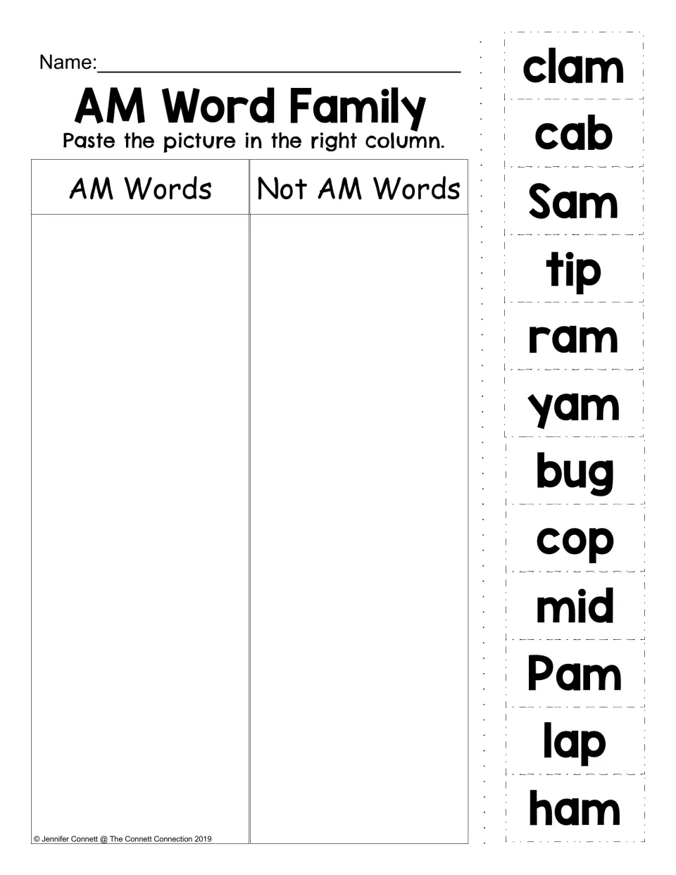 AM word sort: students glue clam, cab, Sam, tip, ram, yam, bug, cop, mid, Pam, lap and ham under AM Words or Not AM Words