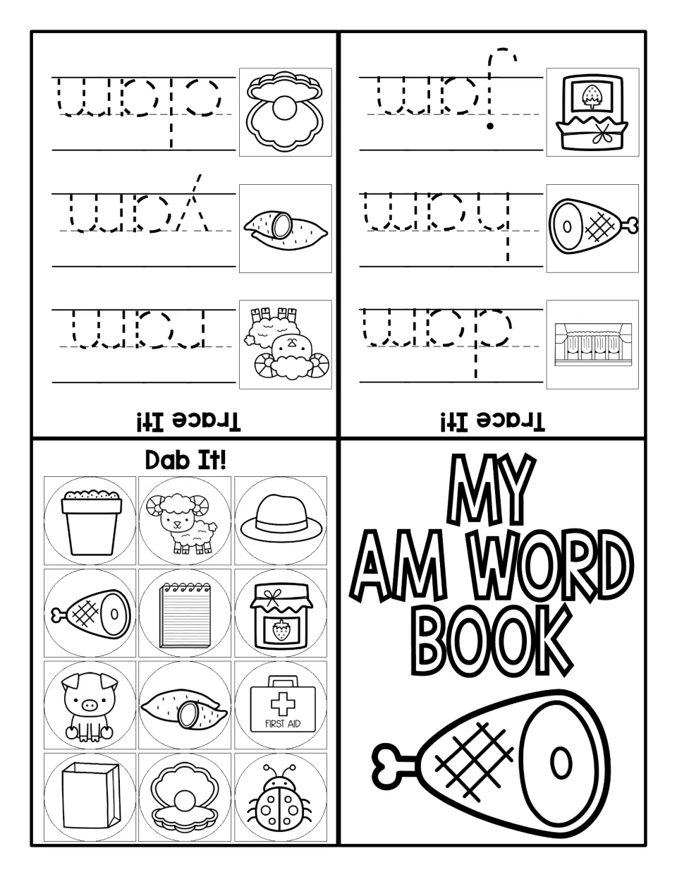 Mixed-practice AM mini book: trace ram, yam, clam, dam, ham, and jam, and identify AM pictures in Dab It!