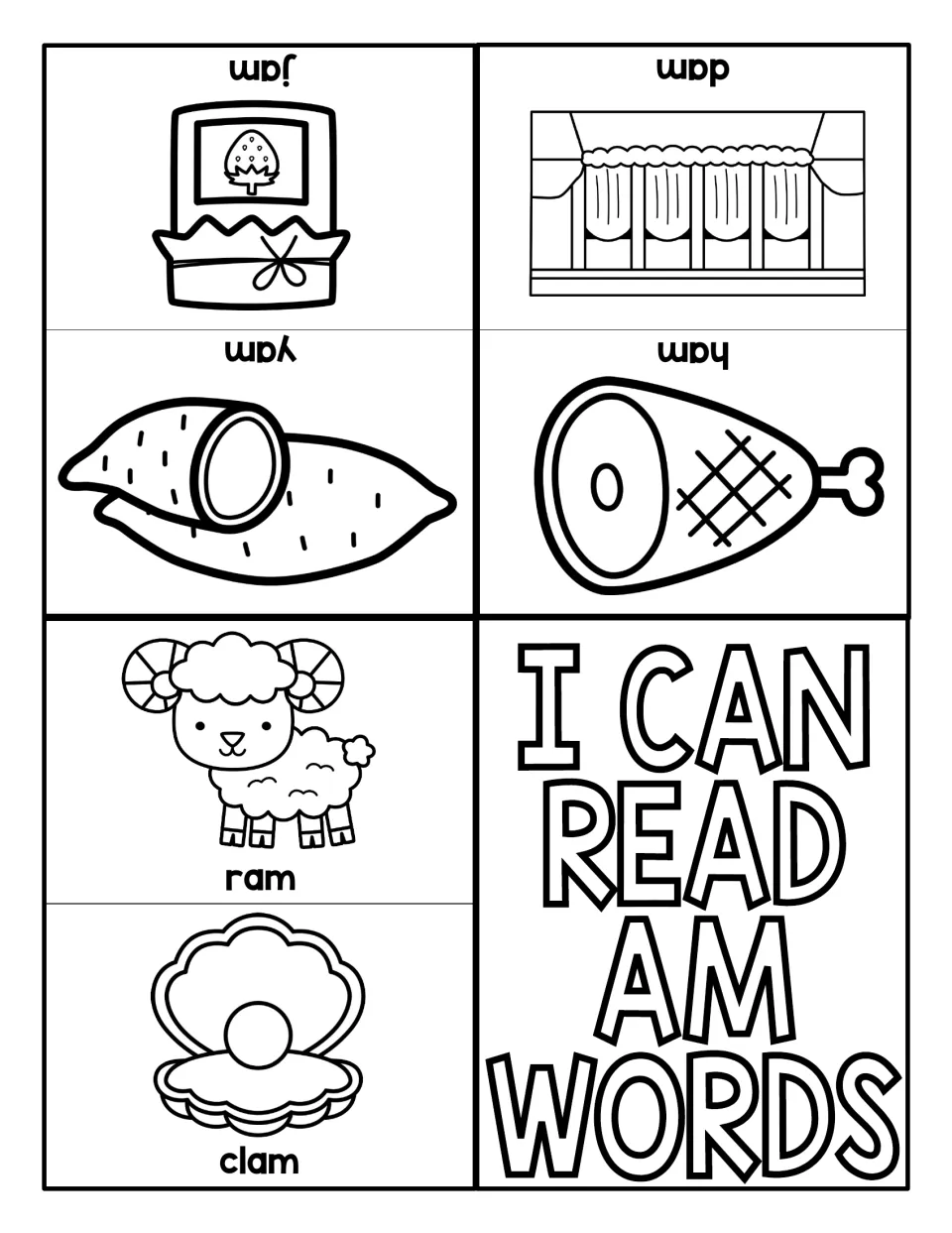 AM word-reading mini book featuring six labeled pictures: ram, clam, yam, jam, ham, and dam.