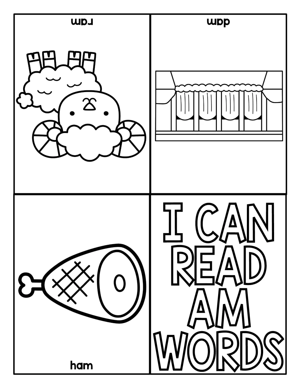 AM word-reading mini book featuring labeled pictures of ham, ram, and dam and an I Can Read AM Words cover.