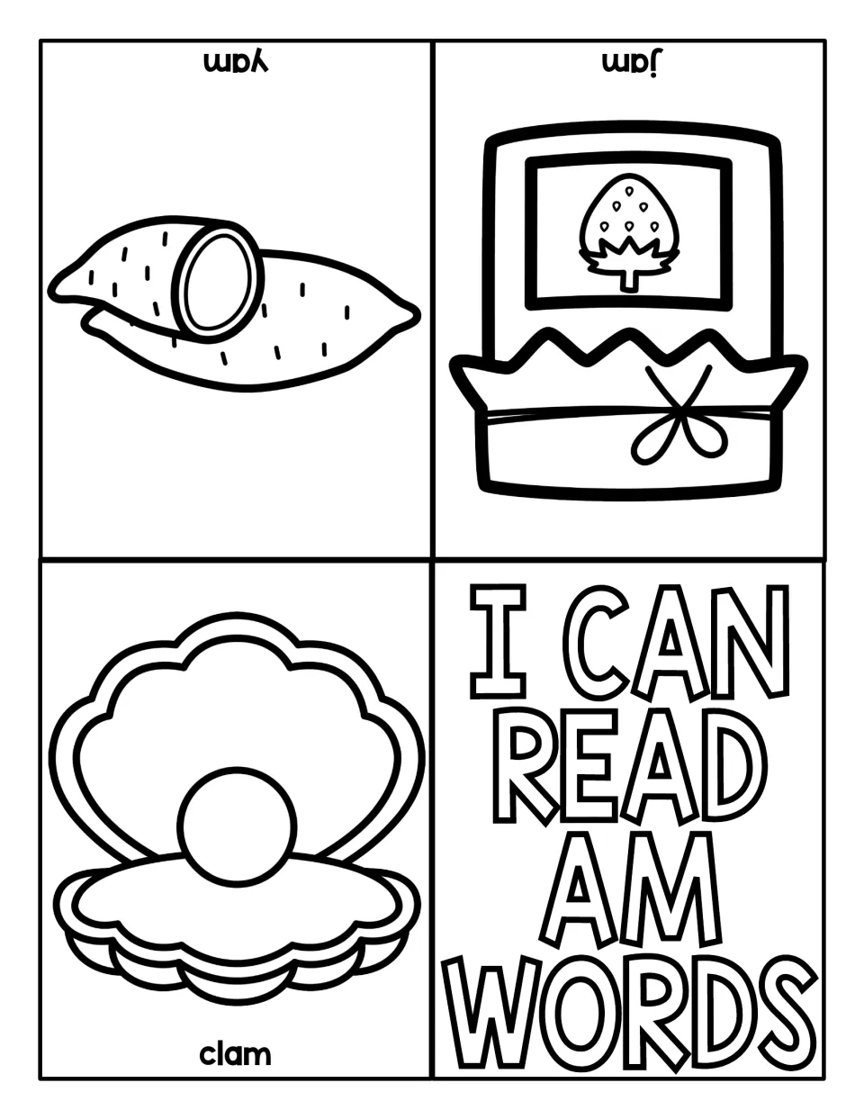 AM word-reading mini book featuring labeled pictures of clam, yam, and jam and an I Can Read AM Words cover.