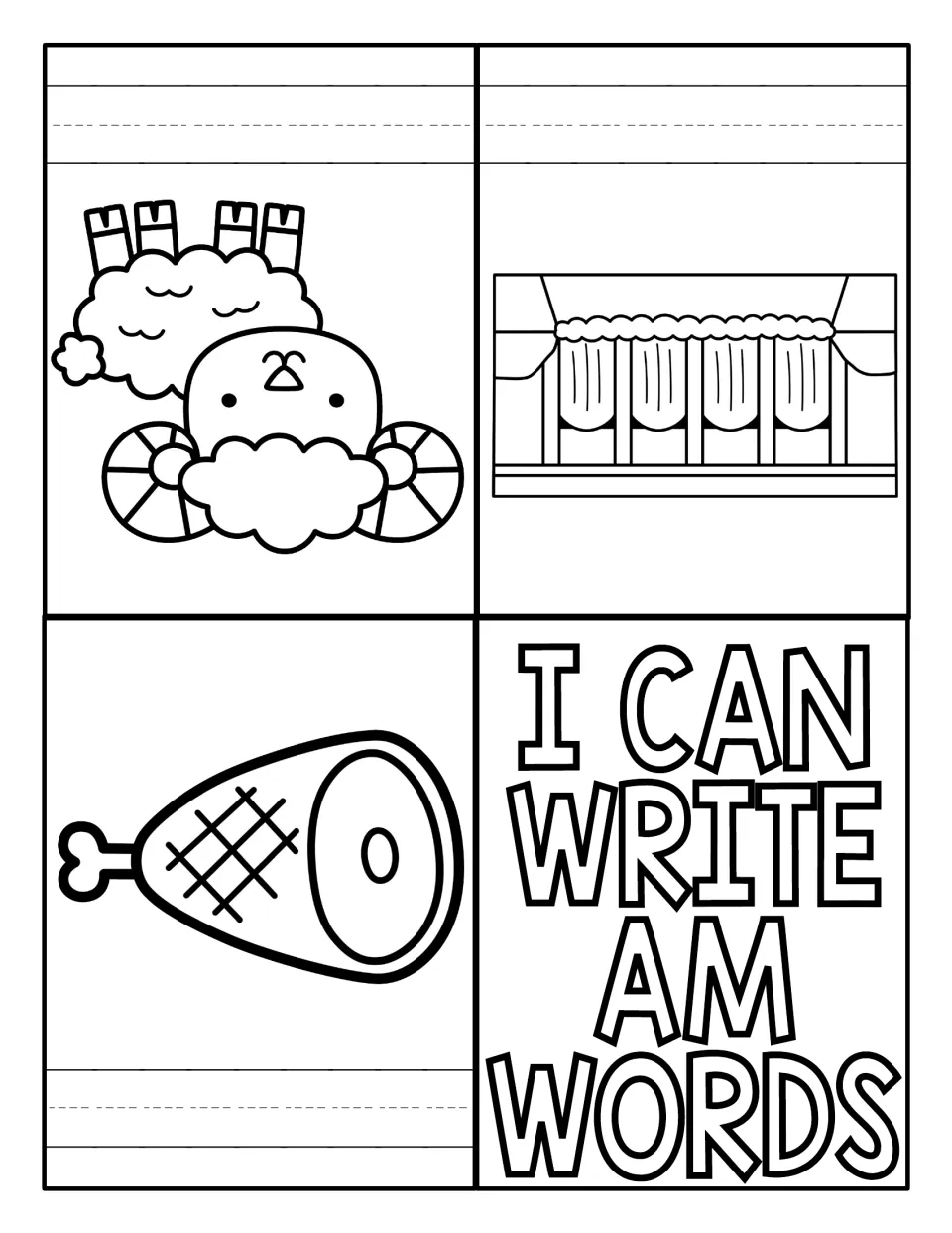 AM word-writing mini book featuring ham, ram, and dam pictures to label and an I Can Write AM Words cover.