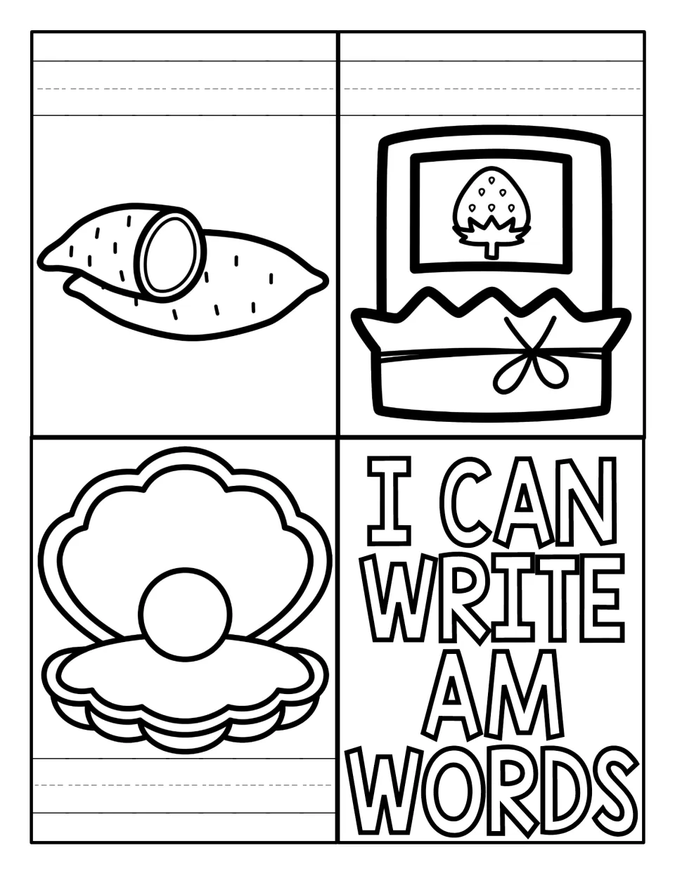 AM word-writing mini book featuring clam, yam, and jam pictures to label and an I Can Write AM Words cover.
