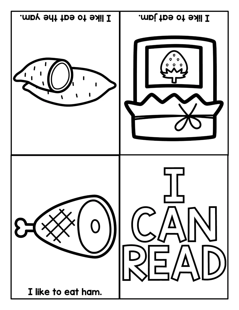 AM sentence-reading mini book: I like to eat ham. I like to eat the yam. I like to eat jam. Each has a picture.