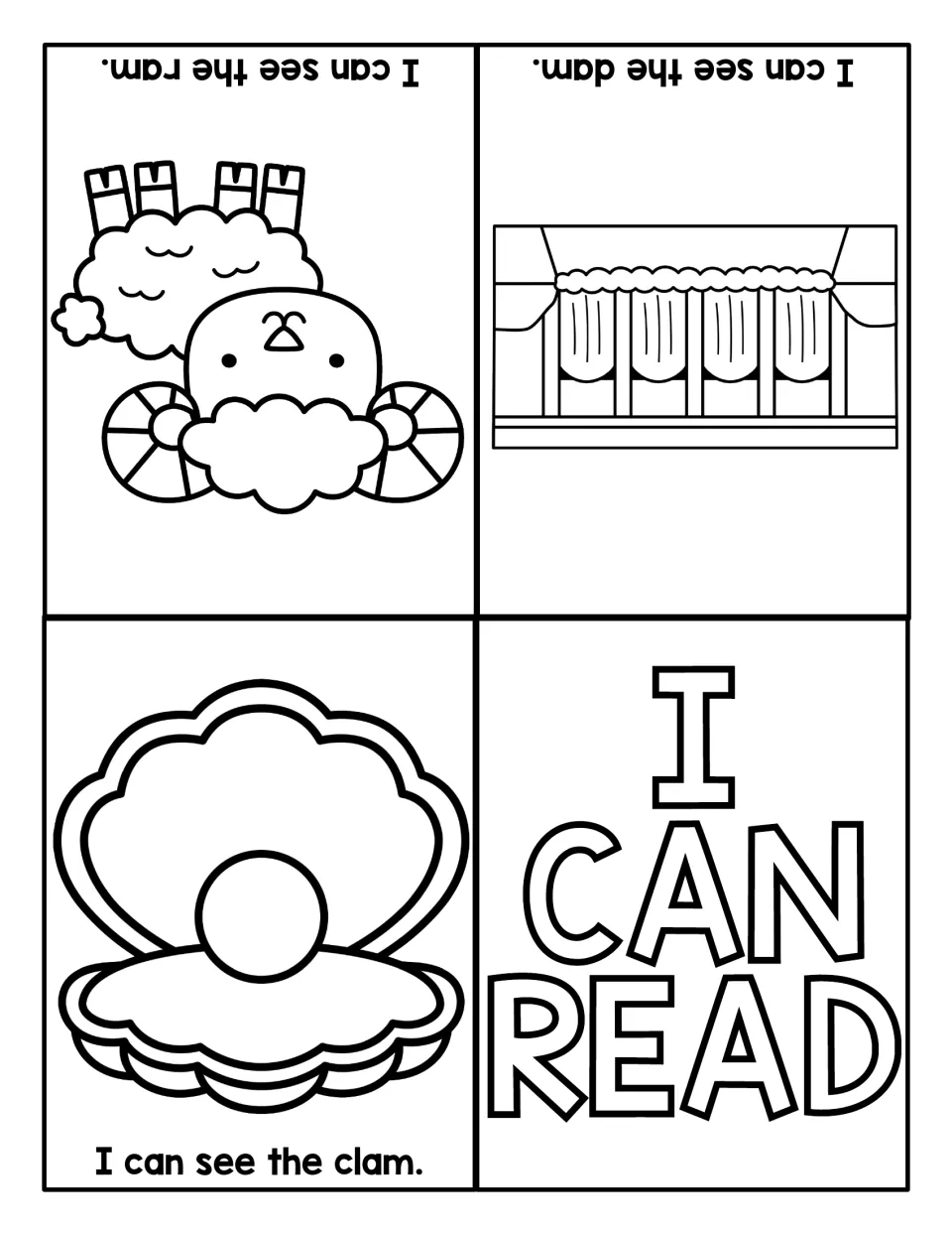 AM sentence-reading mini book: I can see the clam. I can see the ram. I can see the dam. Each has a picture.