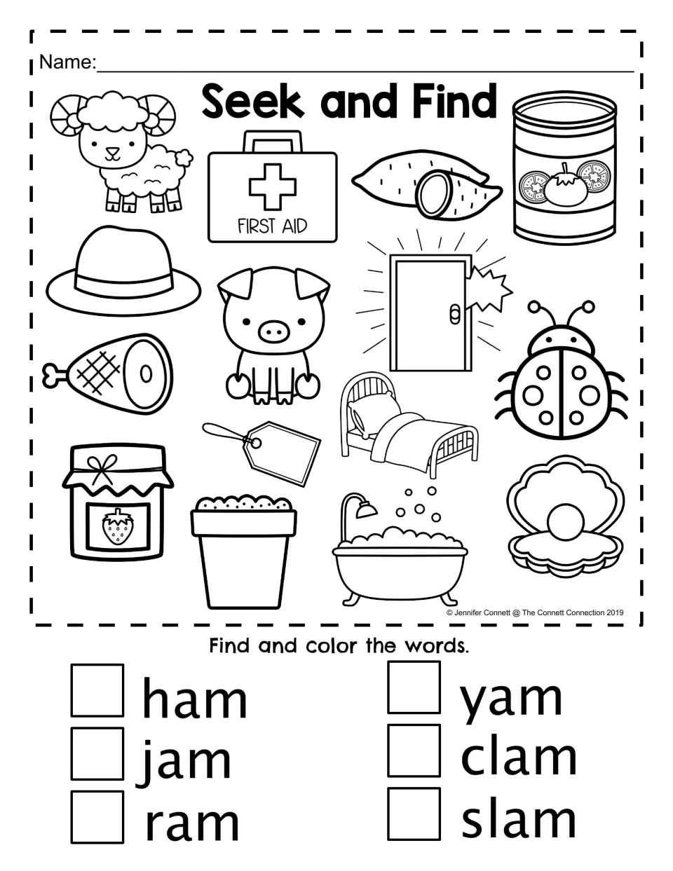 Seek and Find: students find and color AM word pictures like ham, jam, ram, yam, clam and slam, then tick each word