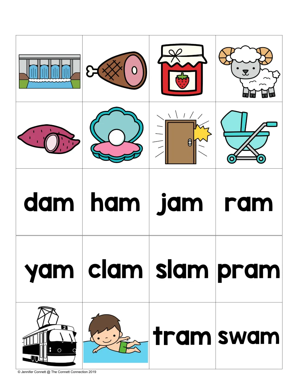 Picture and word cards for -am words: dam, ham, jam, ram, yam, clam, slam, pram, tram and swam, with color pictures