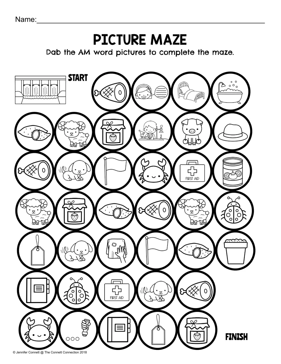 Picture Maze: students dab pictures of -am words such as ham, ram, jam and yam to find a path from start to finish