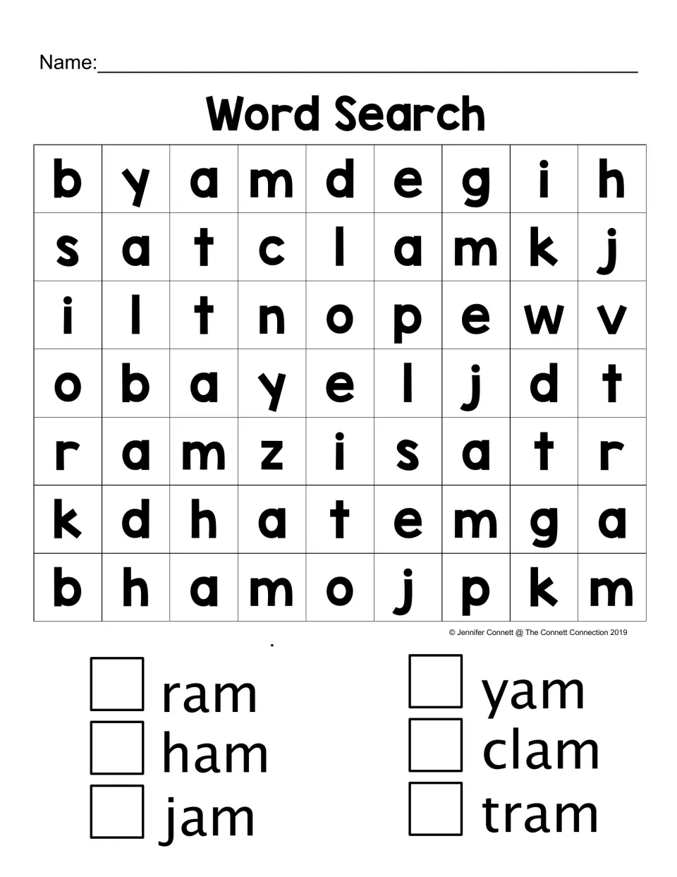 Word Search: students find and check off -am words ram, ham, jam, yam, clam and tram hidden in a letter puzzle
