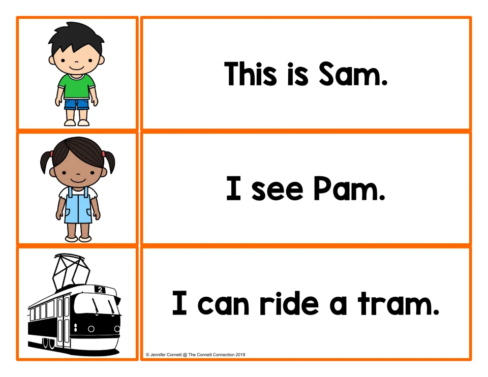 -am word sentence cards: students match This is Sam, I see Pam and I can ride a tram to the boy, girl and tram pictures