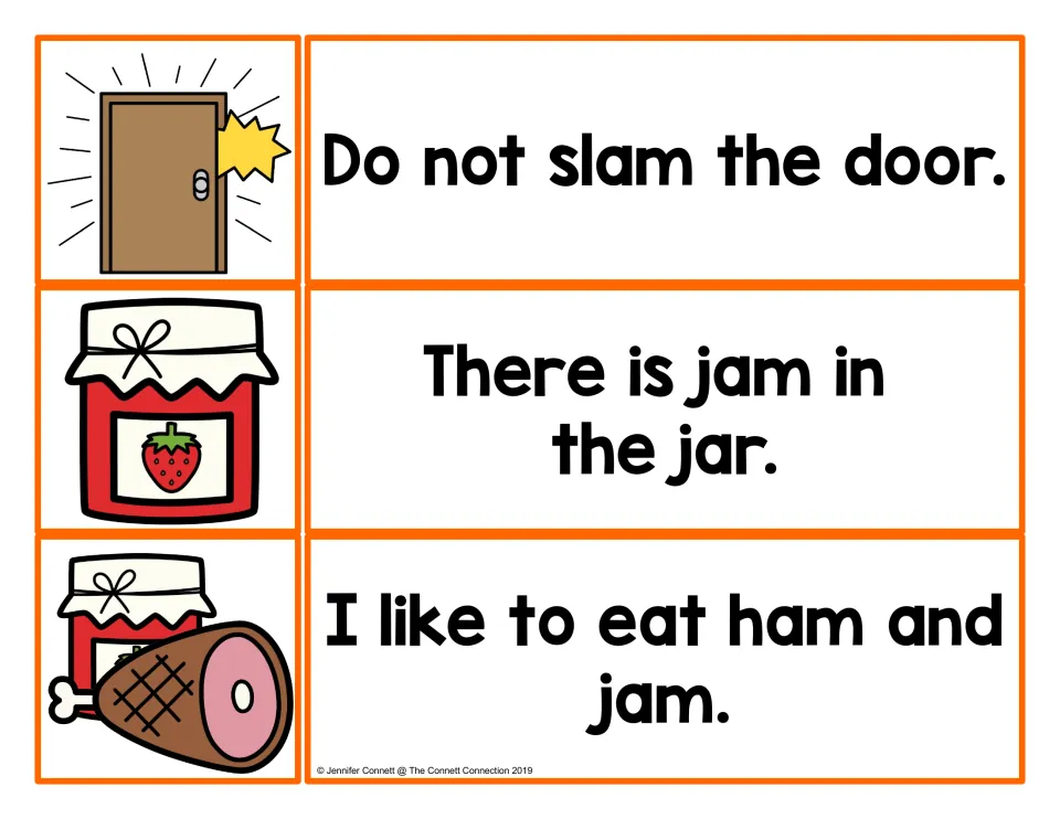 Reading -am words slam, jam and ham: students match each sentence card to a picture of a door, a jam jar or ham and jam