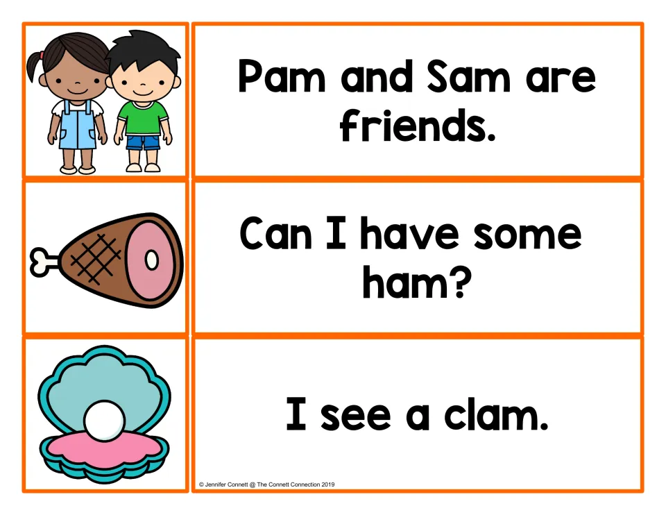 -am sentence match-up: students read Pam and Sam are friends, Can I have some ham? and I see a clam, then find pictures