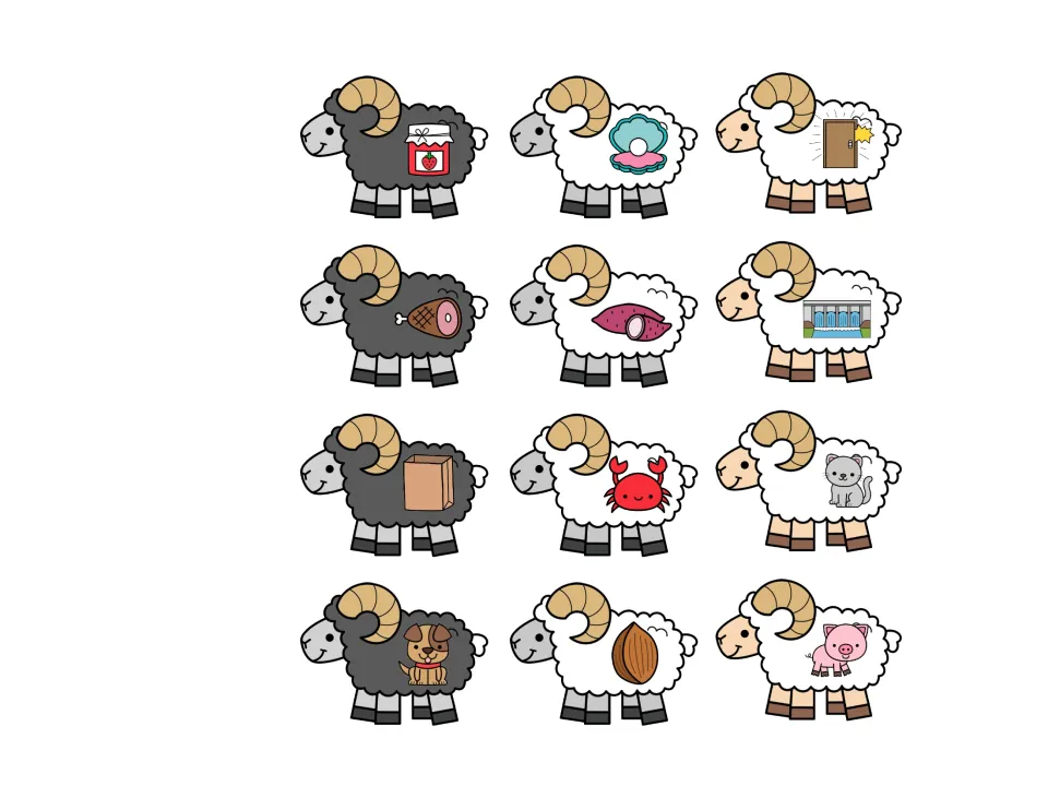 -am picture sort cards: 12 ram cutouts show pictures such as jam, ham, yam and dam mixed with cat, pig, dog and crab