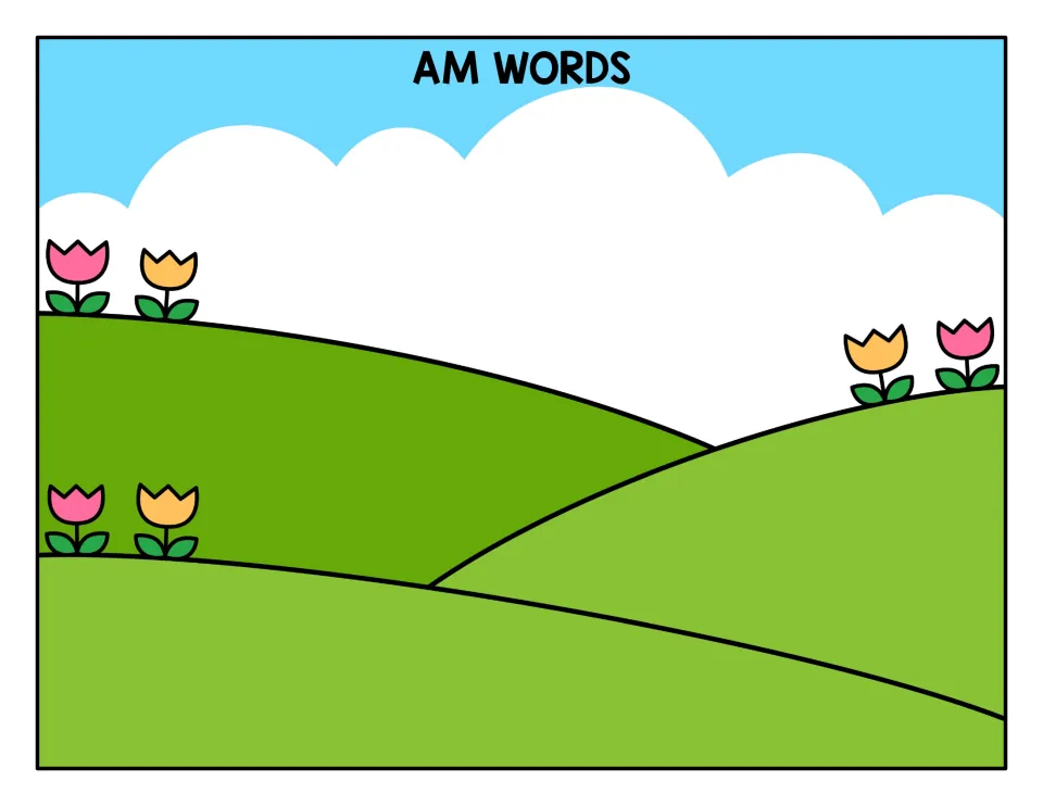 AM WORDS sorting mat: a hillside scene with tulips where students place every ram card that ends in the -am sound