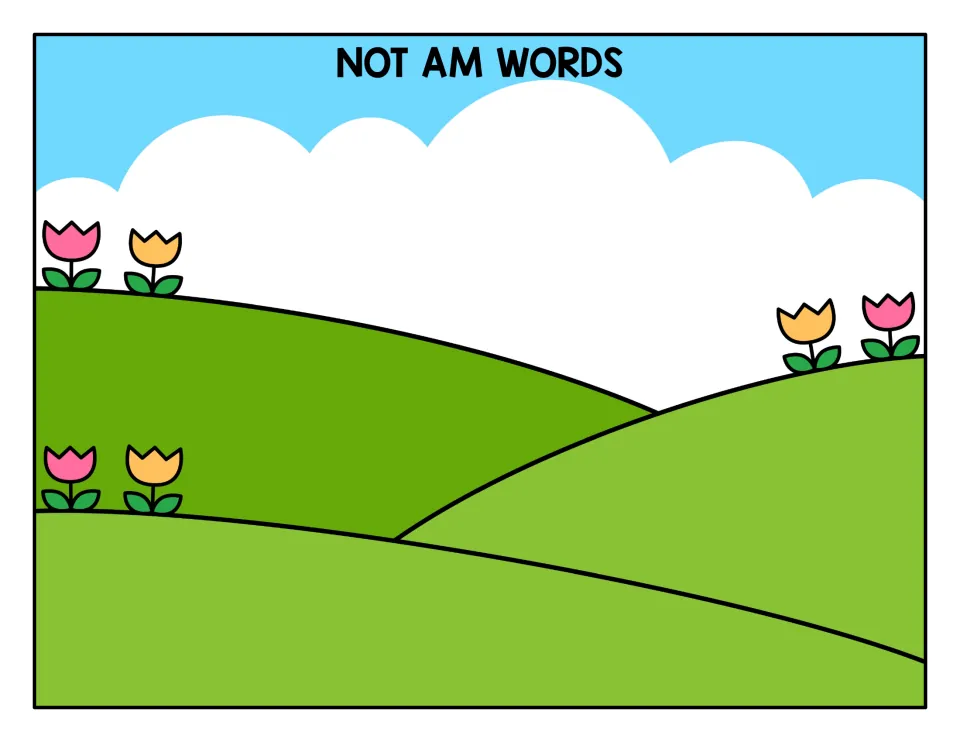 NOT AM WORDS sorting mat: matching hillside scene where students place ram cards like cat, pig or log that lack -am