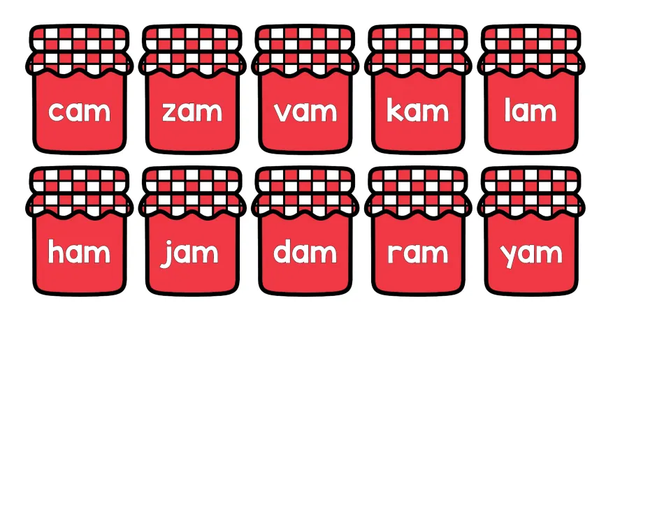 Real vs. nonsense -am words: 10 jam jar cards reading cam, zam, vam, kam, lam, ham, jam, dam, ram and yam to cut and sort
