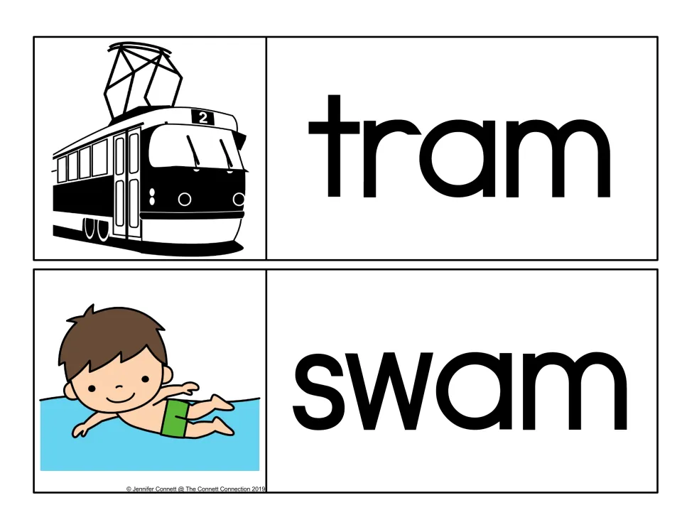 -am word family picture cards: tram with a streetcar picture and swam with a boy swimming, for reading -am words
