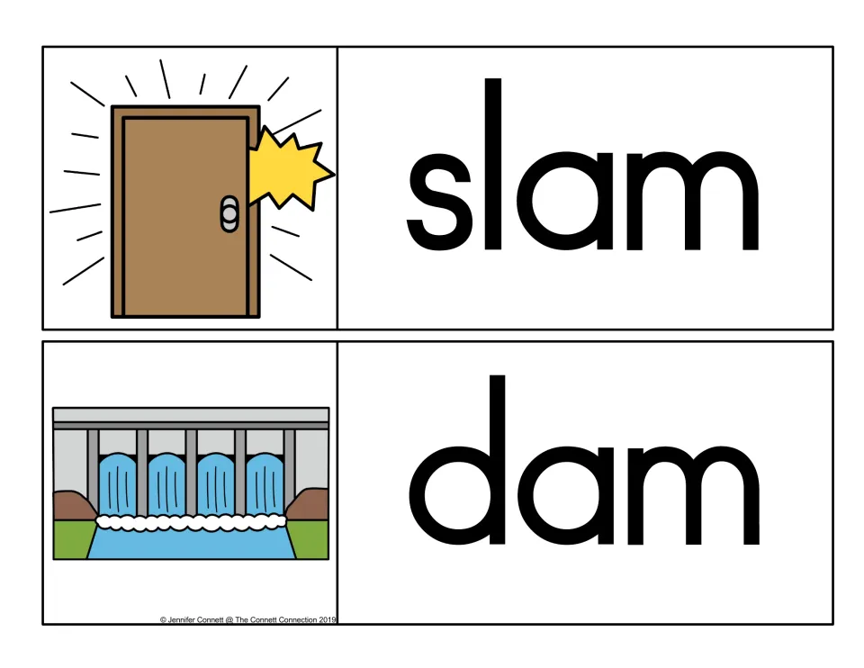 -am word family cards for slam, shown with a door banging shut, and dam, shown with water pouring through a dam