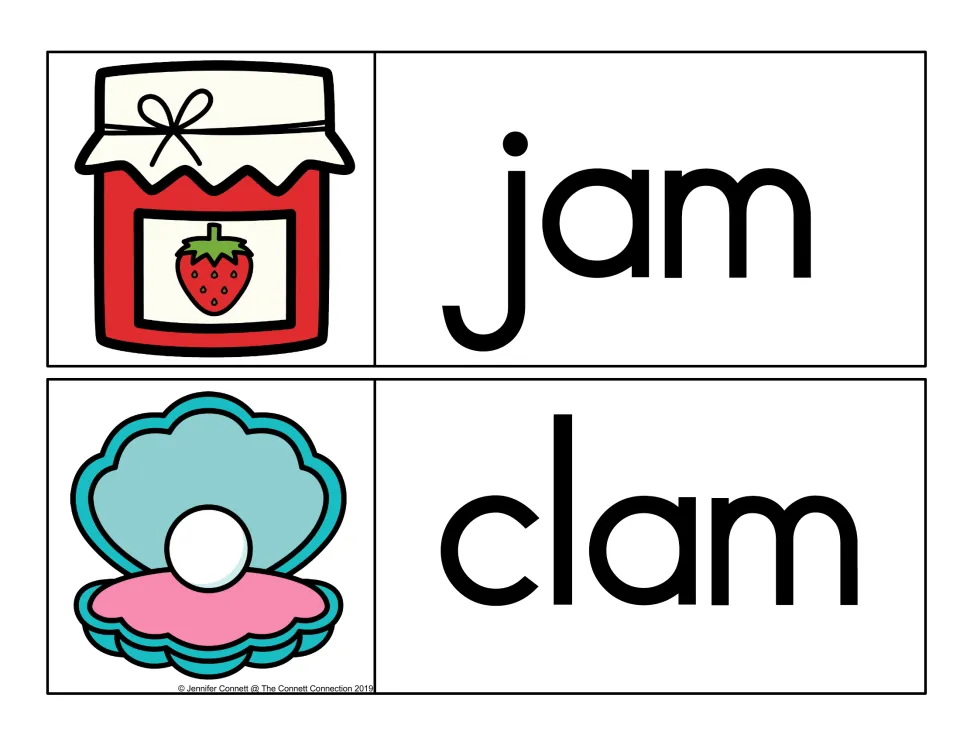 -am rhyming words jam and clam on picture cards, with a strawberry jam jar and an open clam shell holding a pearl