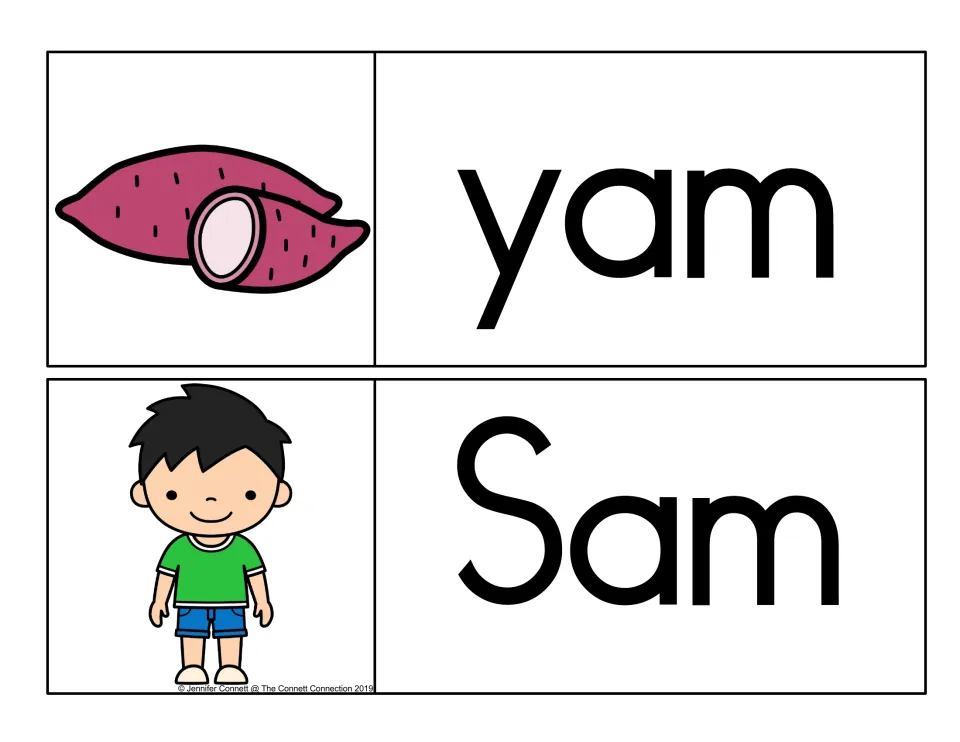 -am word family cards for yam with a sliced sweet potato and the name Sam with a smiling boy in a green shirt