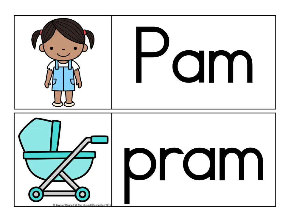 -am word family cards for the name Pam with a girl in blue overalls and the word pram with a teal baby carriage