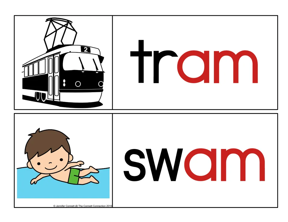 Highlighted -am cards: tram and swam with the onset in black and the -am rime in red to show the shared word ending
