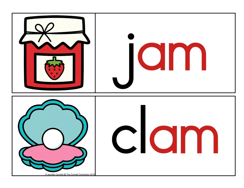 Red -am rime highlighted on jam and clam cards, with j and cl in black, shown with a strawberry jam jar and a clam shell