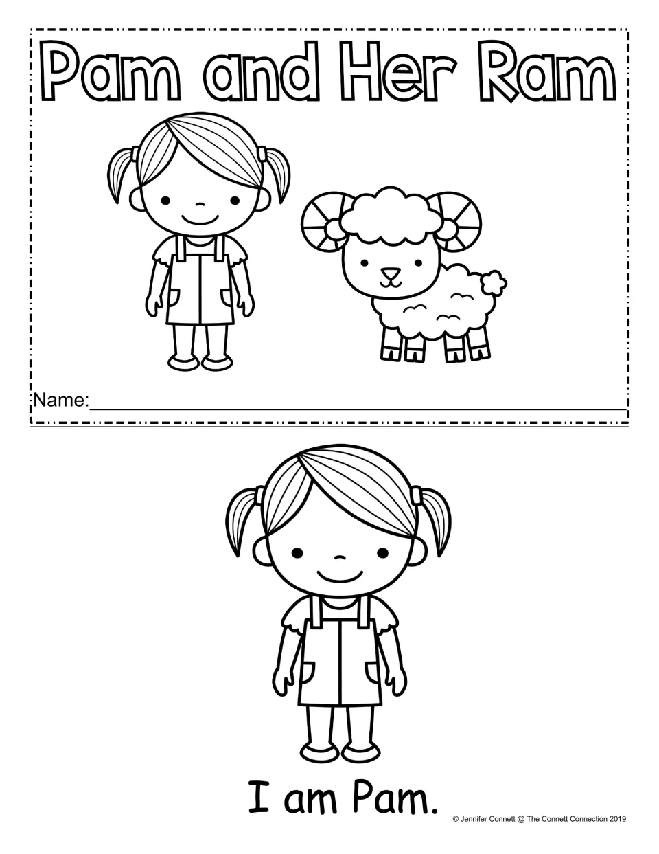 Pam and Her Ram mini-book cover with a name line, a girl and her ram to color, then page one: the -am sentence I am Pam.