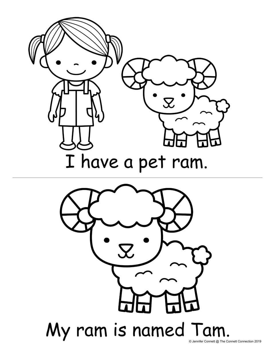 Reading -am words: students read 'I have a pet ram.' and 'My ram is named Tam.' beside drawings of the girl and her ram