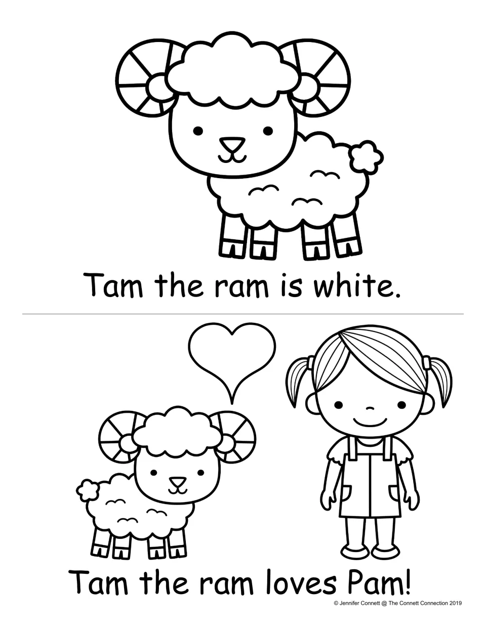 -am word reading: students read 'Tam the ram is white.' and 'Tam the ram loves Pam!' and color the ram and Pam