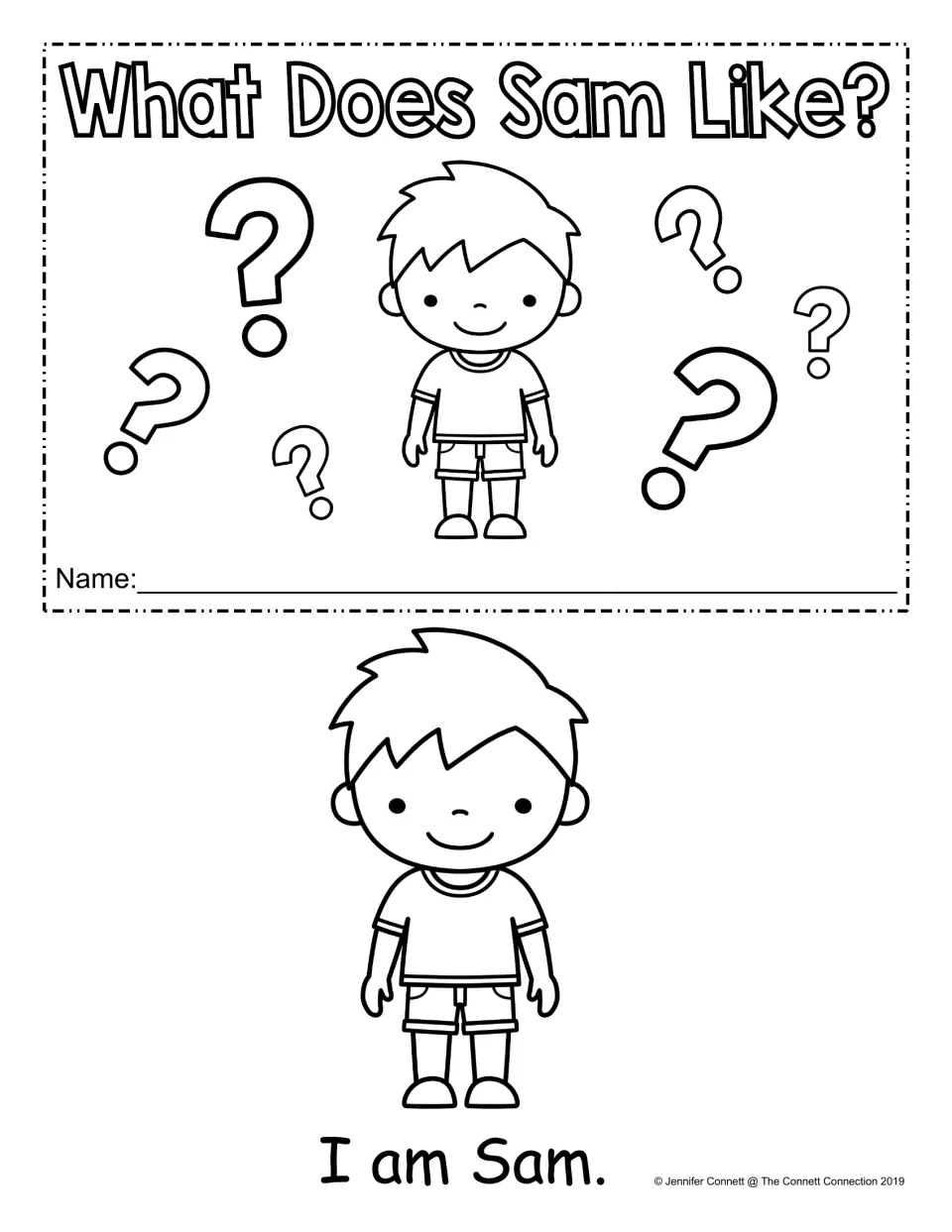 What Does Sam Like? booklet cover with name line and boy among question marks, plus first page reading "I am Sam."