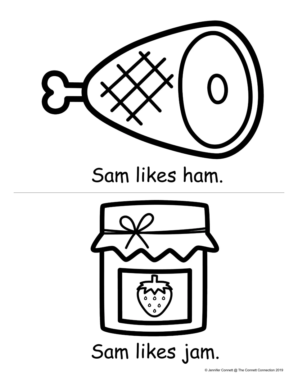 -am word family reading: students read "Sam likes ham." and "Sam likes jam." with ham and strawberry jam pictures to color