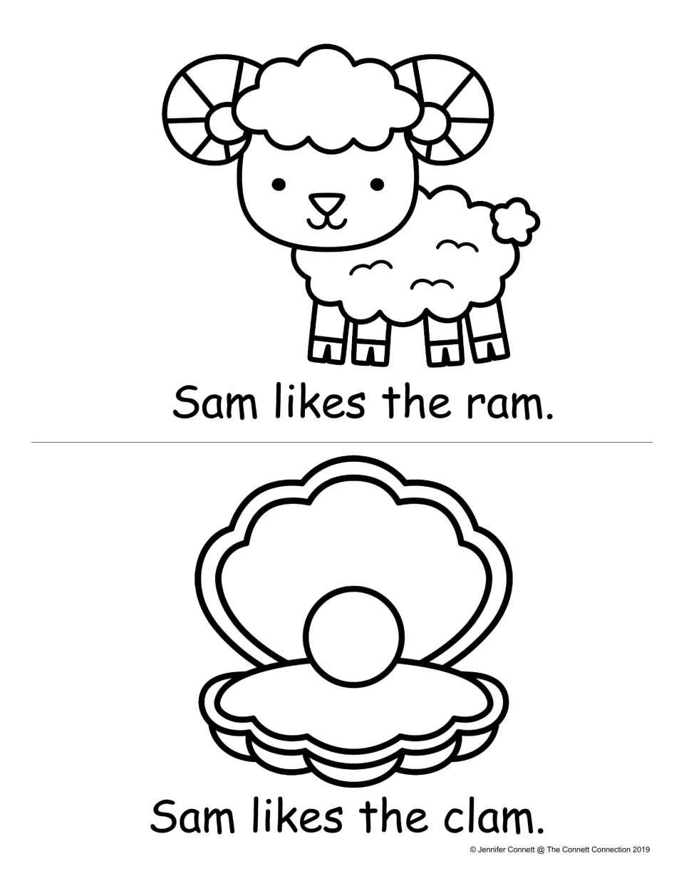 -am word family reading: students read "Sam likes the ram." and "Sam likes the clam." beside a ram and clam to color