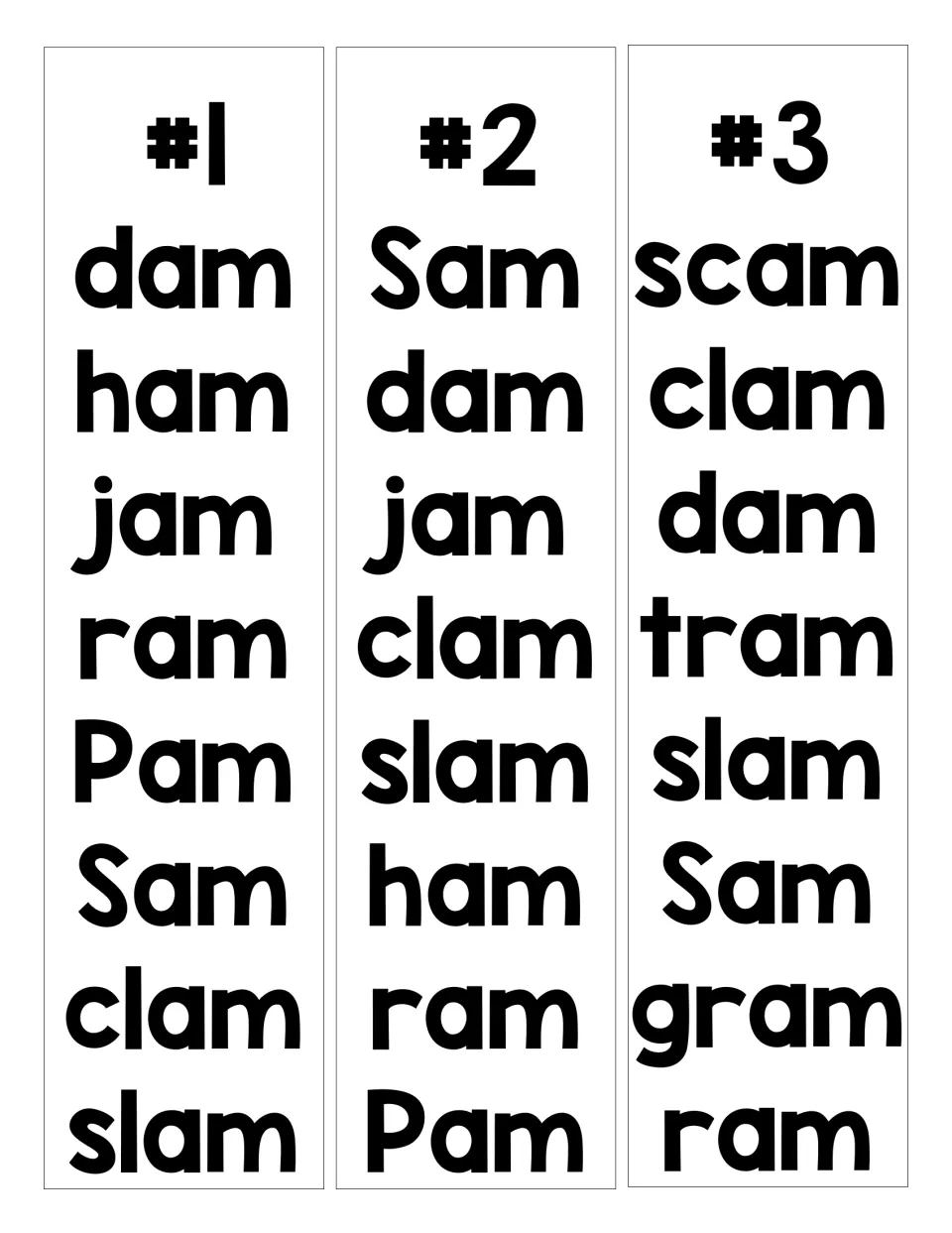 AM word family lists #1 to #3: students read dam, ham, jam, clam, slam, scam, tram and gram to build word fluency