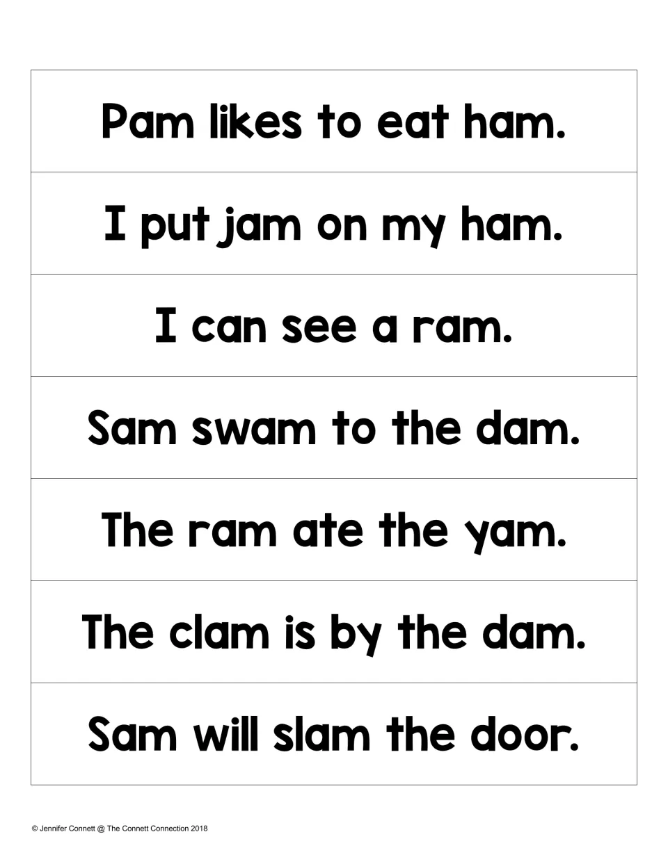AM word sentence strips: students read seven short sentences such as Pam likes to eat ham and The ram ate the yam