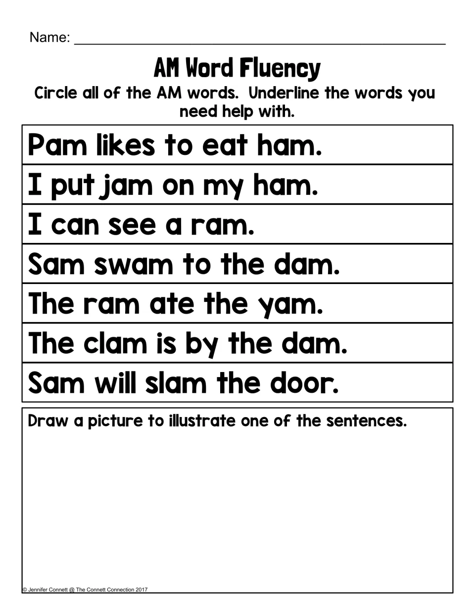 AM Word Fluency sentences: students circle every -am word in seven sentences, underline tricky words and draw one sentence