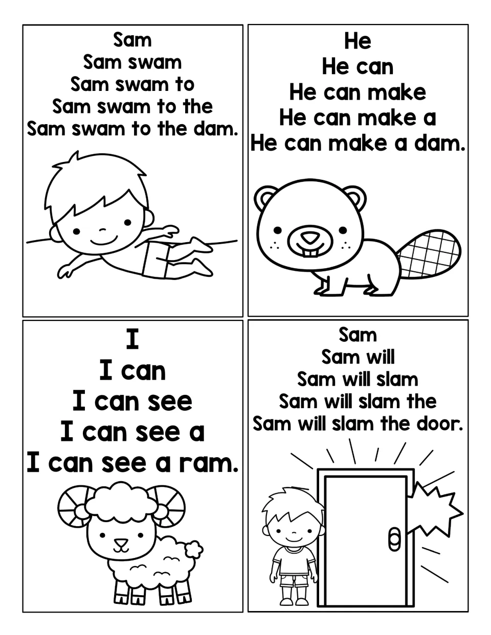 AM word pyramid sentences: students read word-by-word build-ups to Sam swam to the dam and Sam will slam the door