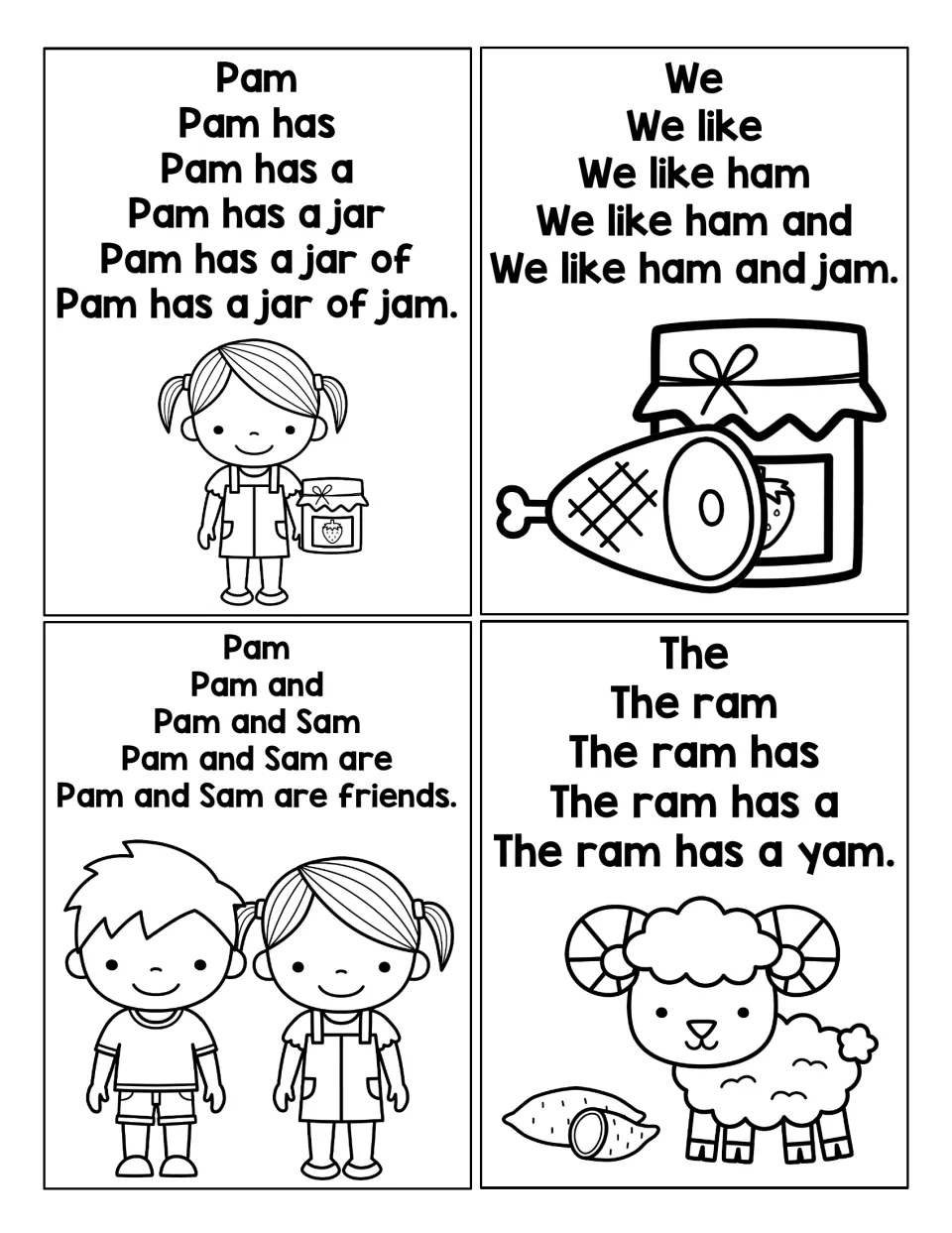 More AM word pyramid sentences: students read up to Pam has a jar of jam, We like ham and jam and The ram has a yam