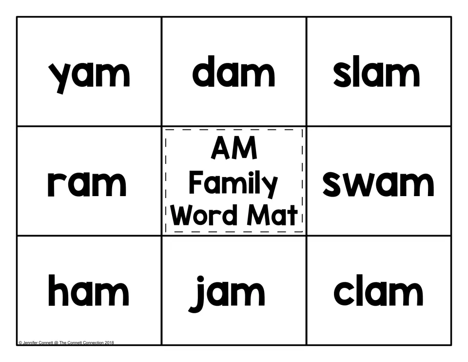 AM family word mat: eight -am words (yam, dam, slam, ram, swam, ham, jam, clam) for matching picture cards to each word