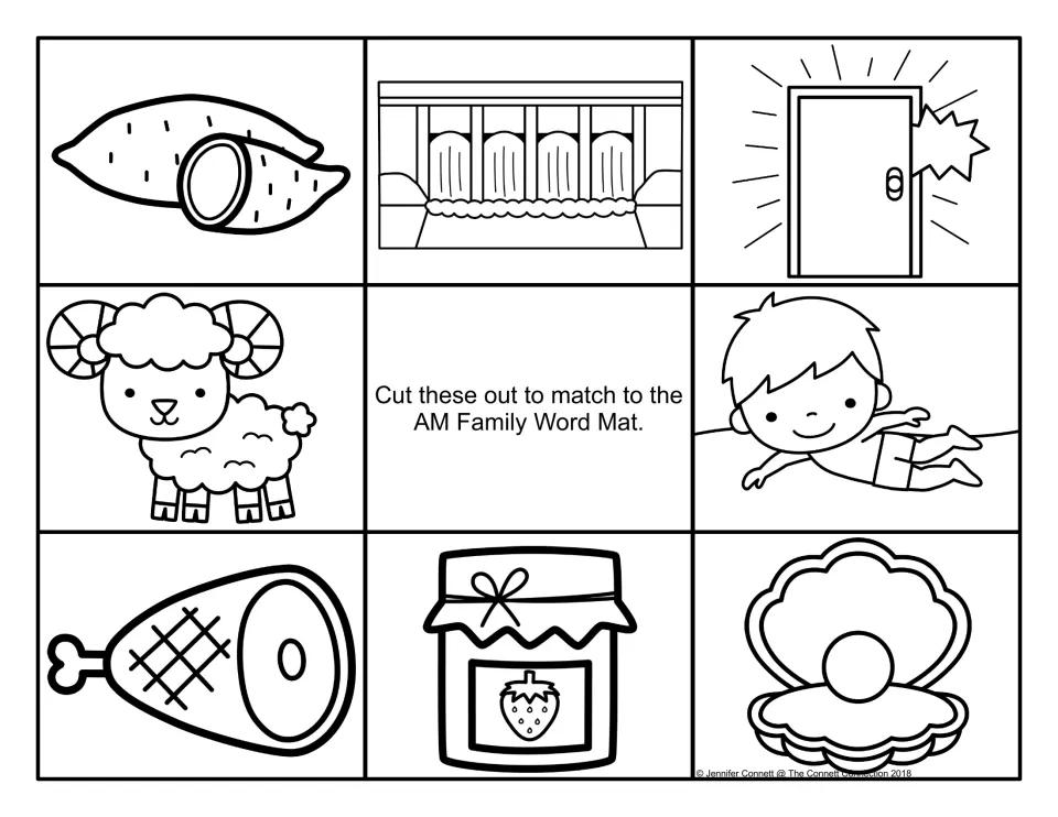 Black-and-white -am picture cards (yam, dam, door, ram, swimmer, ham, jam, clam) for students to cut out and match to words