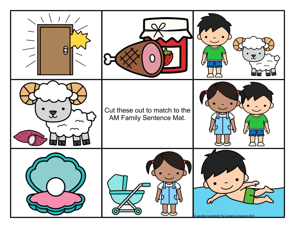Color sentence picture cards: slammed door, ham and jam, Sam with a ram, Pam with a pram and more, to cut out and match