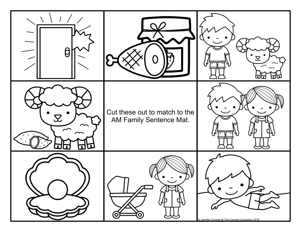 Black-and-white sentence picture cards showing a ram eating a yam, two friends, a clam and a boy swimming, to cut and match