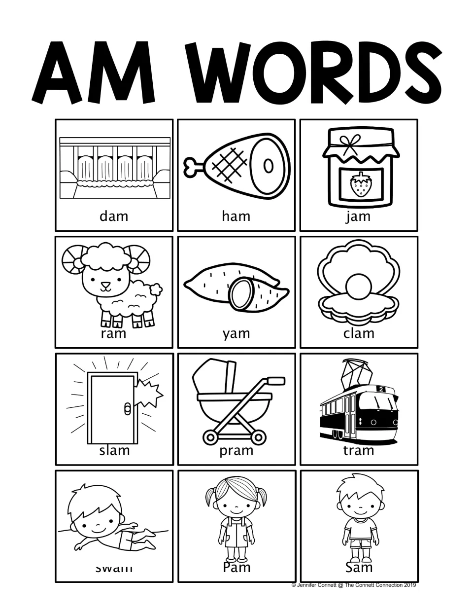 Black-and-white AM word poster showing 12 labeled pictures, including dam, ham, jam, ram, yam and clam