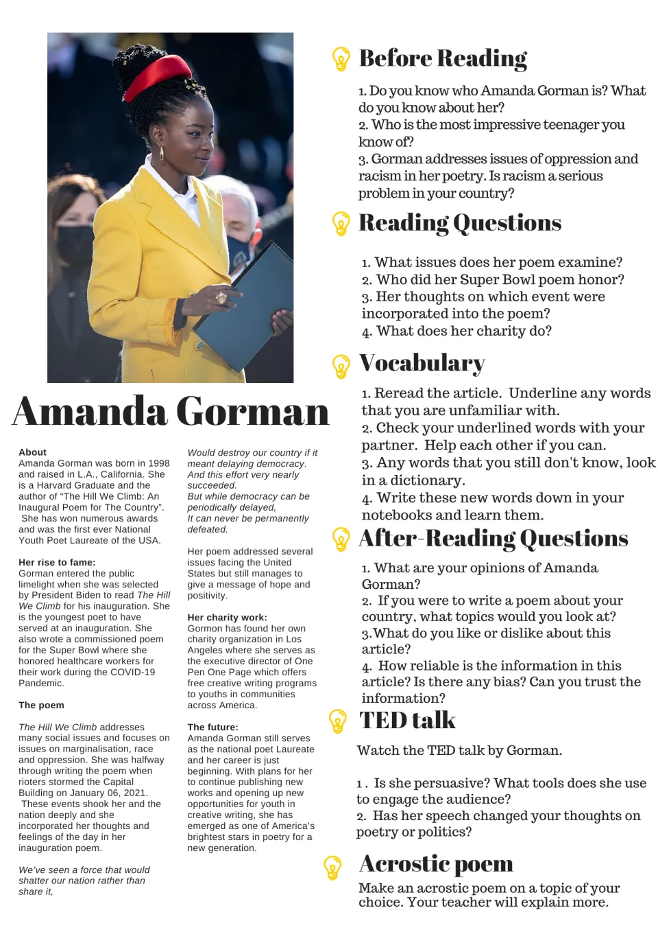 Amanda Gorman biography article: students answer before-reading, comprehension, vocabulary and TED talk questions