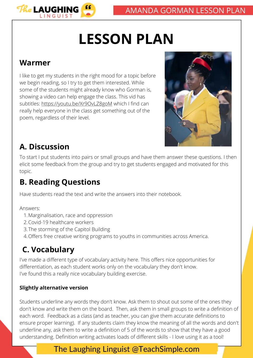 Lesson plan steps: video warmer, pair discussion, reading question answers on The Hill We Climb, and a vocabulary routine