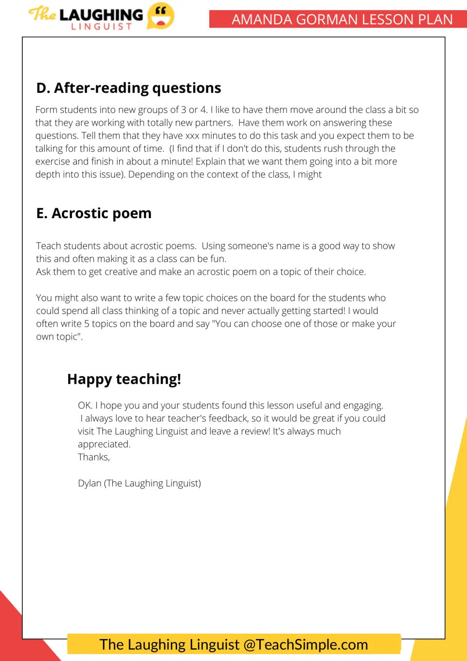 Lesson plan steps for small-group after-reading discussion and writing an acrostic poem on a topic students choose