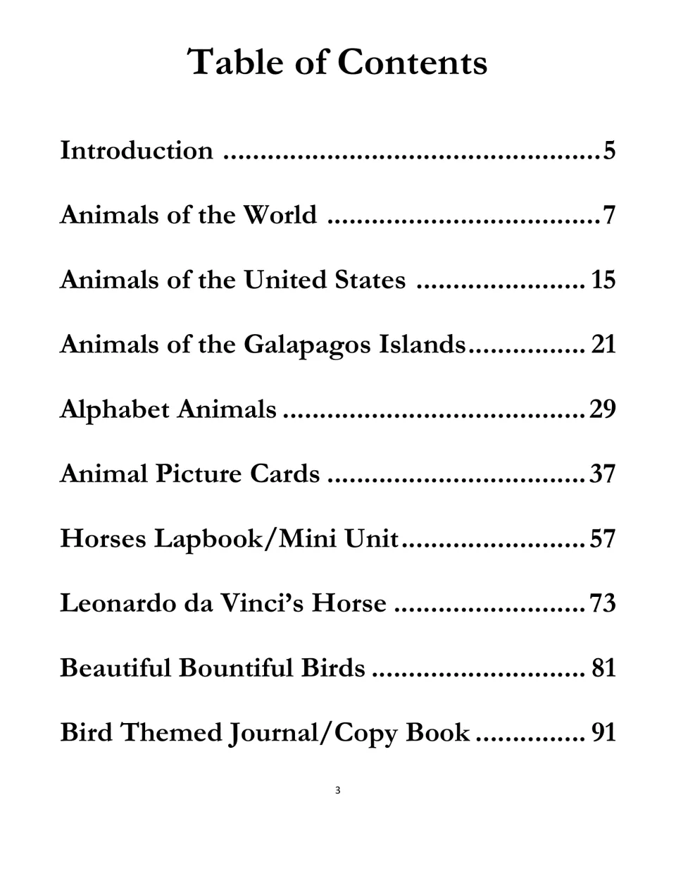 Table of contents: animal sets for the world, United States, Galapagos, alphabet, picture cards, horses and birds