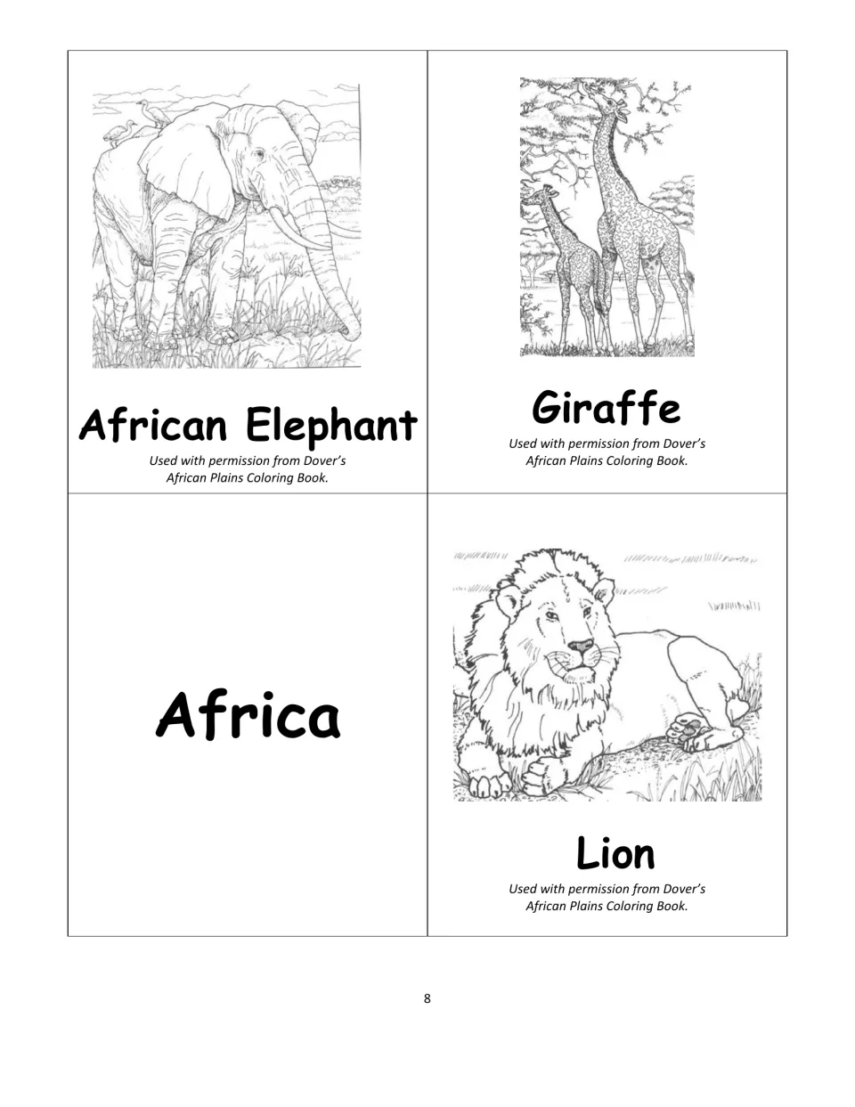Africa animal cards: African elephant, giraffe and lion line drawings to color, plus an Africa label card for sorting
