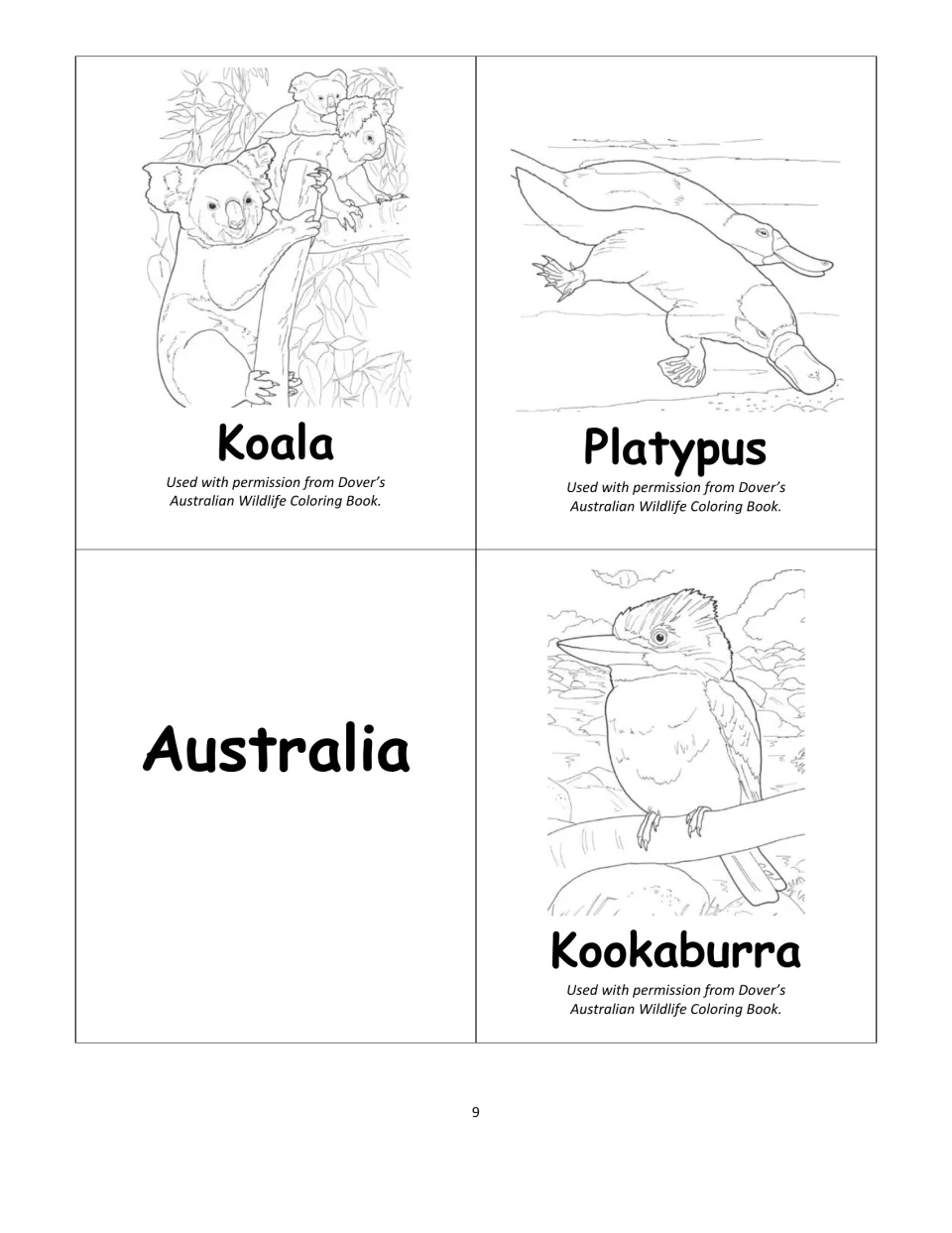 Australia animal cards: koala, platypus and kookaburra line drawings to color, with an Australia card to sort them under